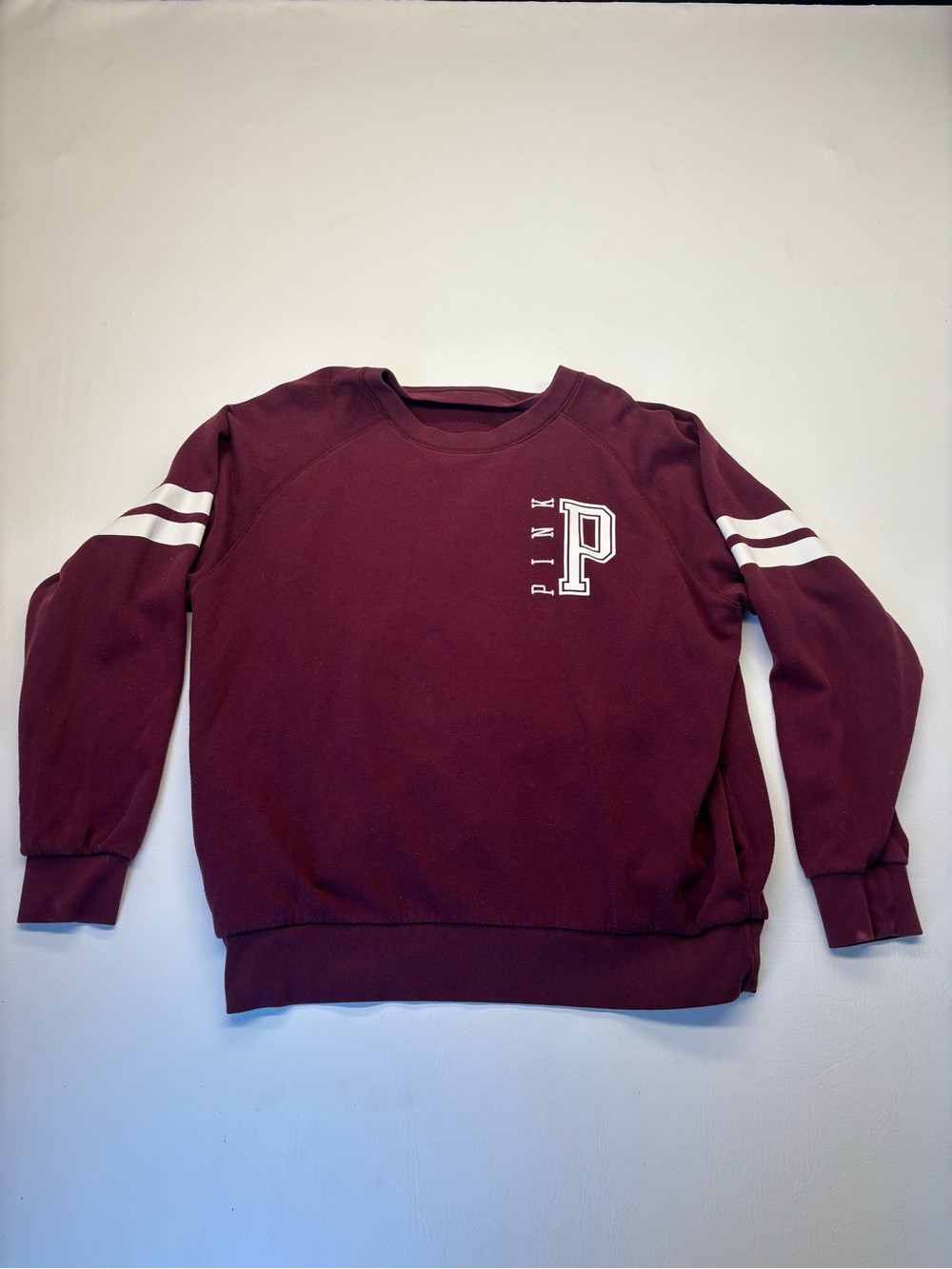 Victoria's Secret PINK Maroon Crewneck Sweatshirt with White Stripes